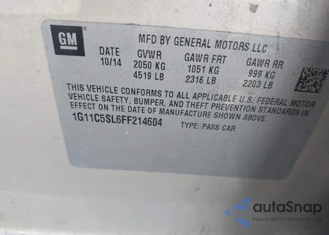 2015 Chevrolet Malibu 1Lt from USA, damaged, VIN 1G11C5SL6FF214604